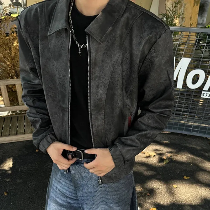 High Street Men's PU Leather Jackets Turn-down Collar Zipper Explosion Crack Design Loose Contrast Color Male Coats 9C9076