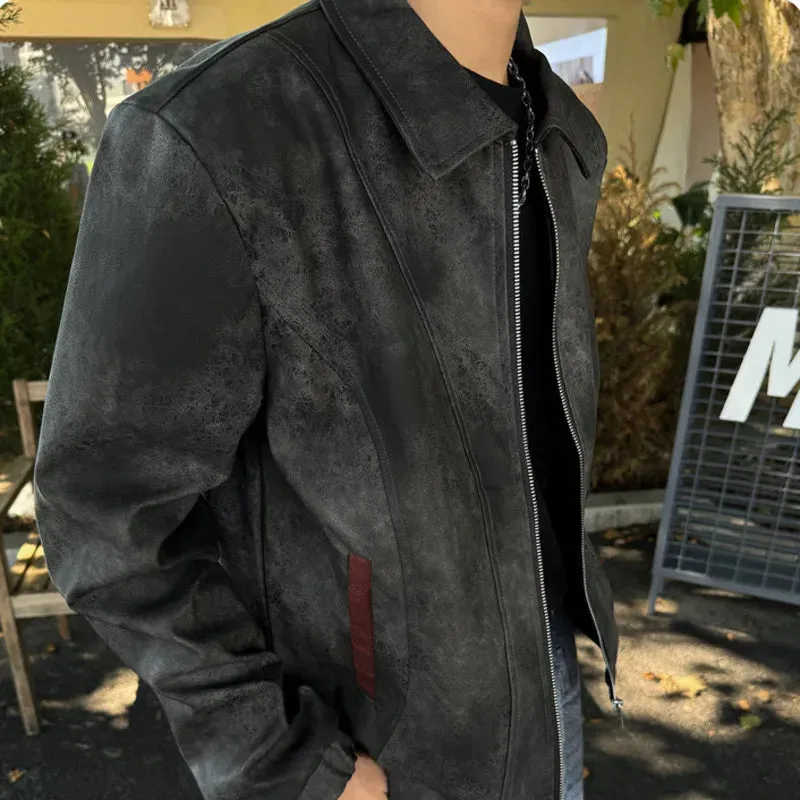 High Street Men's PU Leather Jackets Turn-down Collar Zipper Explosion Crack Design Loose Contrast Color Male Coats 9C9076