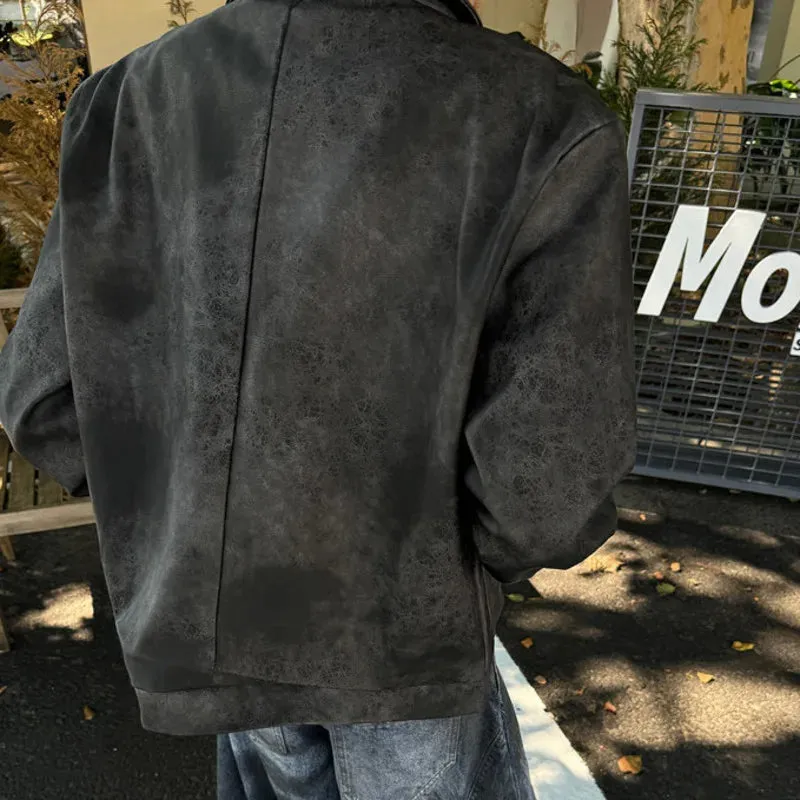 High Street Men's PU Leather Jackets Turn-down Collar Zipper Explosion Crack Design Loose Contrast Color Male Coats 9C9076