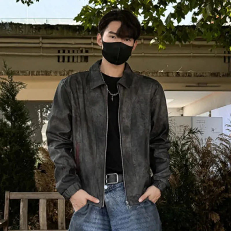 High Street Men's PU Leather Jackets Turn-down Collar Zipper Explosion Crack Design Loose Contrast Color Male Coats 9C9076